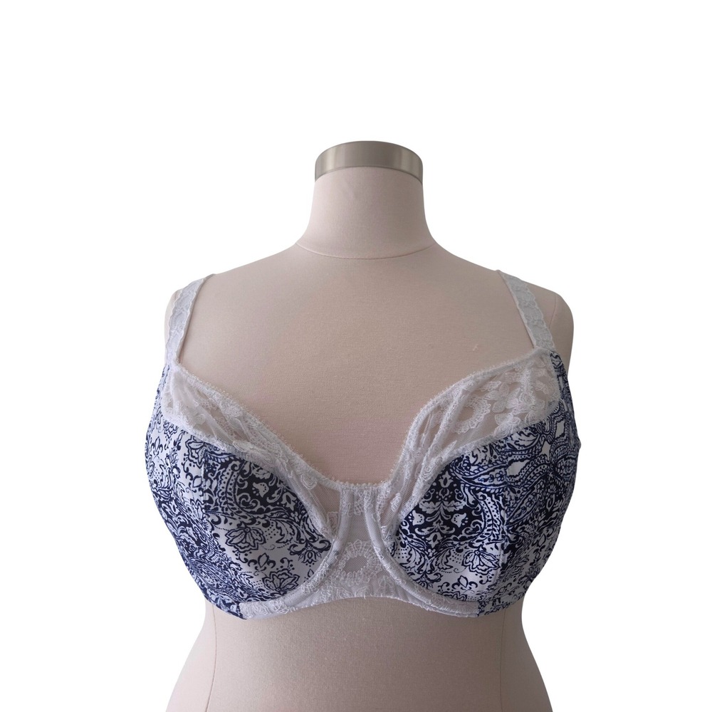 Cacique Underwire 46C Blue White Paisley Lace Trim Mesh Back Adjustable Straps